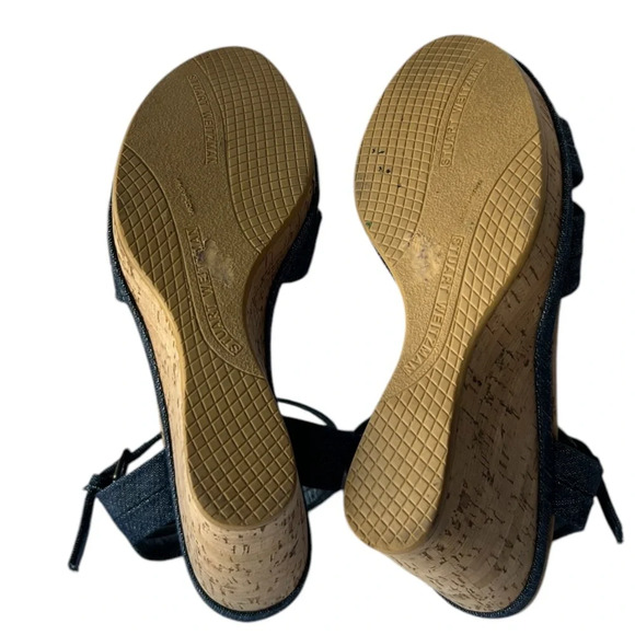 Stuart Weitzman Minx $425. cork platform wedge denim excellent Size 9.5 - Picture 9 of 13